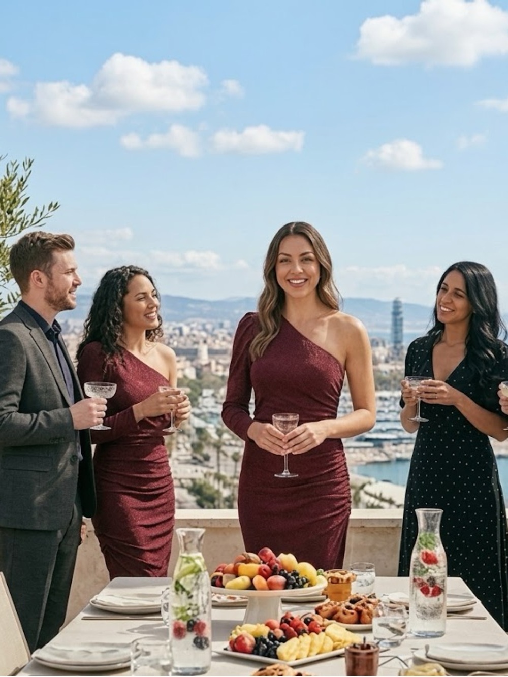 Asymmetric One-Shoulder Red wine Midi Dress - Picture 1 of 7